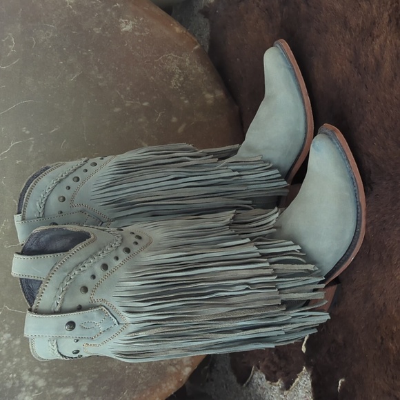 LIBERTY BLACK Vegas Fringed leather boots "Ciel"/Ice Blue LB71124 snip toe sz6.5 - Picture 2 of 16